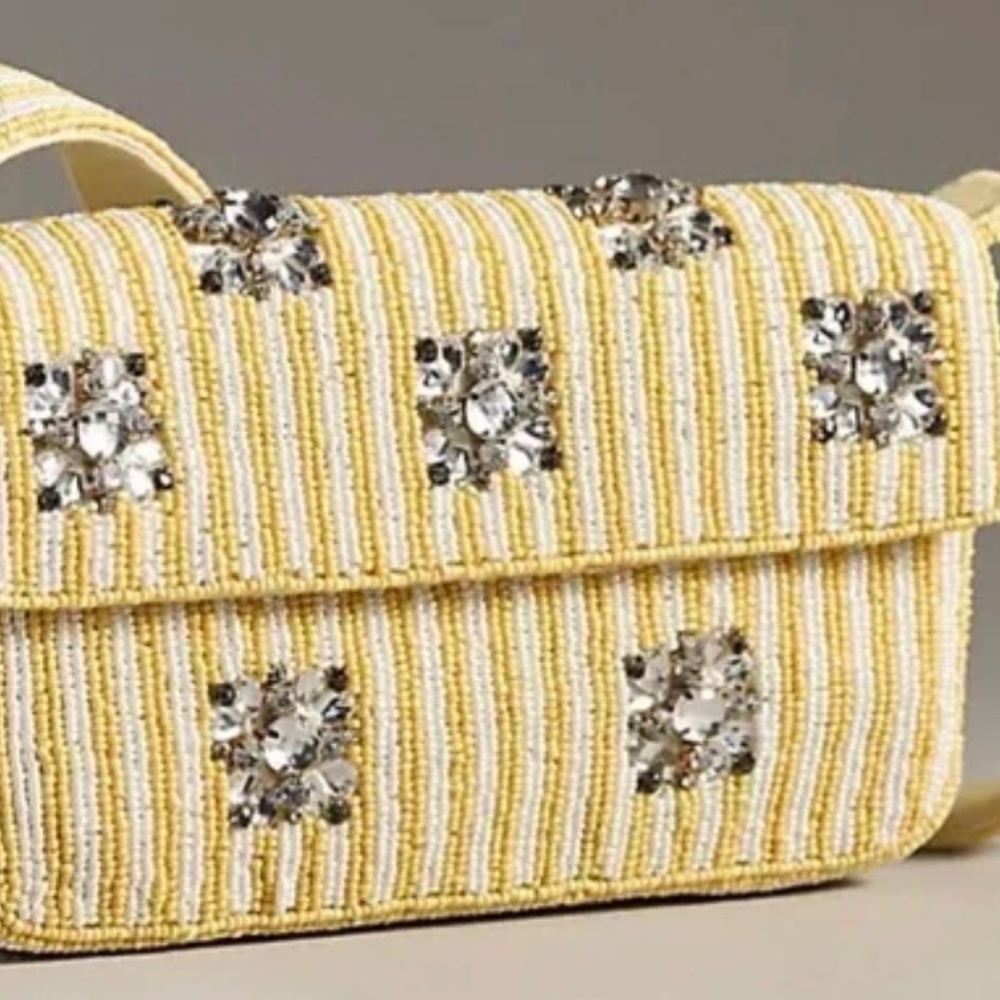 Anthropologie Fiona Geometric Yellow Stripe Beaded Bag NWT